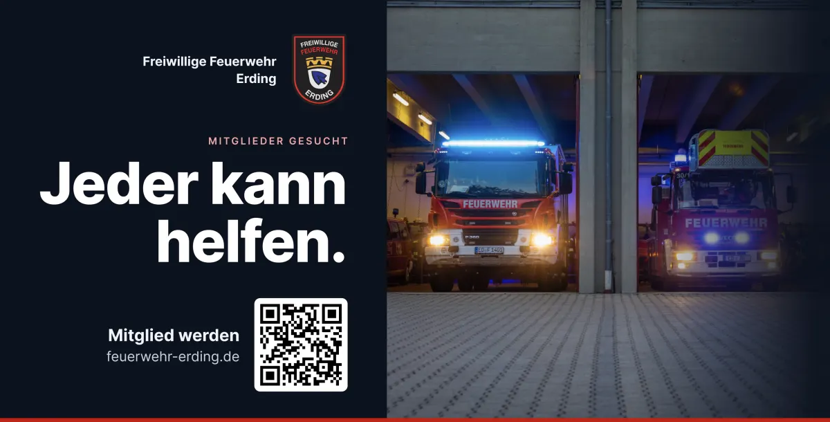 Breites Kampagnenbanner: Schriftzug „Jeder kann helfen.“ neben Foto zweier Feuerwehrfahrzeuge nachts