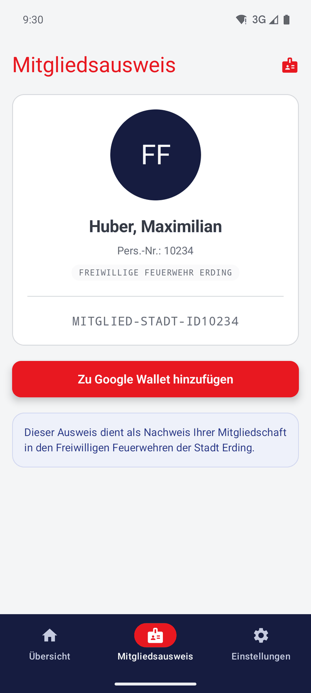Mitgliedsausweis in der App mit Schaltfläche für Google Wallet