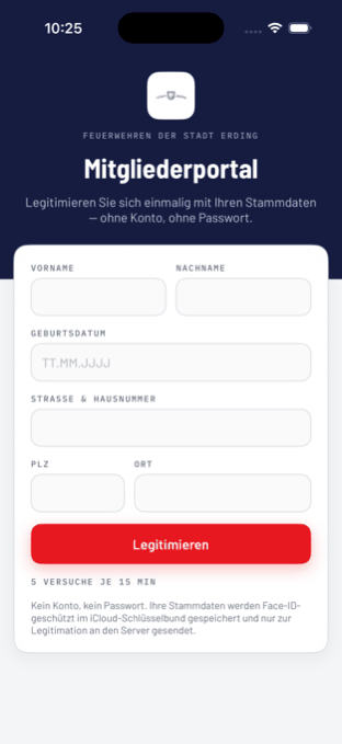 Legitimation mit den Stammdaten beim ersten Start