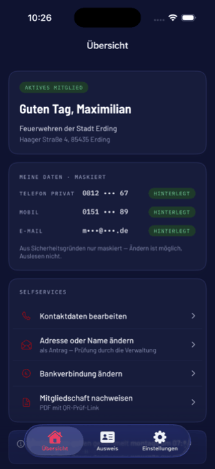 Übersicht der App im Dunkelmodus